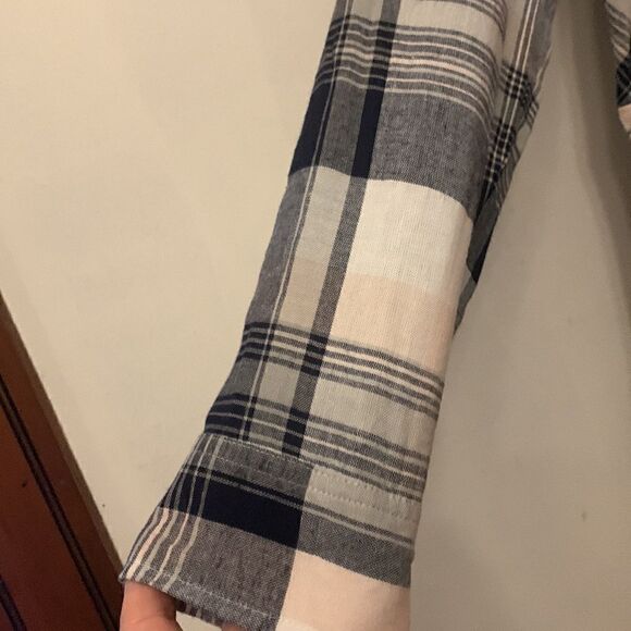 Vintage America navy pink white plaid tunic with rollable sleeves Size L NWT - Picture 3 of 9